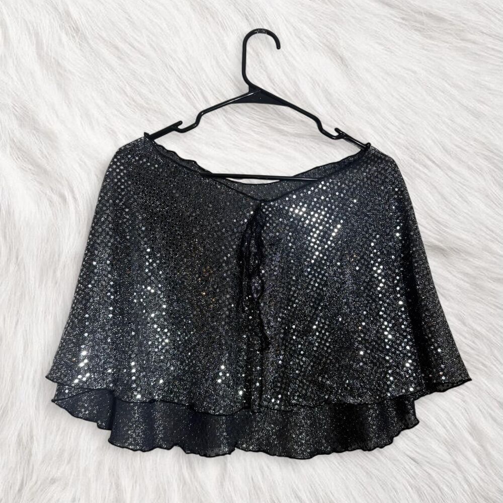 Y2K Black Silver Sequin Cape with tie detail Versatile Party Festival Accessory - Picture 1 of 8